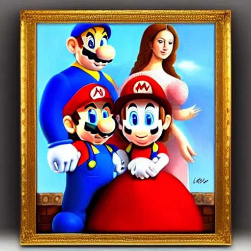 Prompt: super mario family portrait, oil painting, antique painting, highly detailed