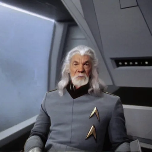 Prompt: Gandalf the Grey in Grey Star Trek uniform, sitting in the Captain's chair on the Bridge of the Enterprise, still photo from the tv show Star Trek: the Next Generation