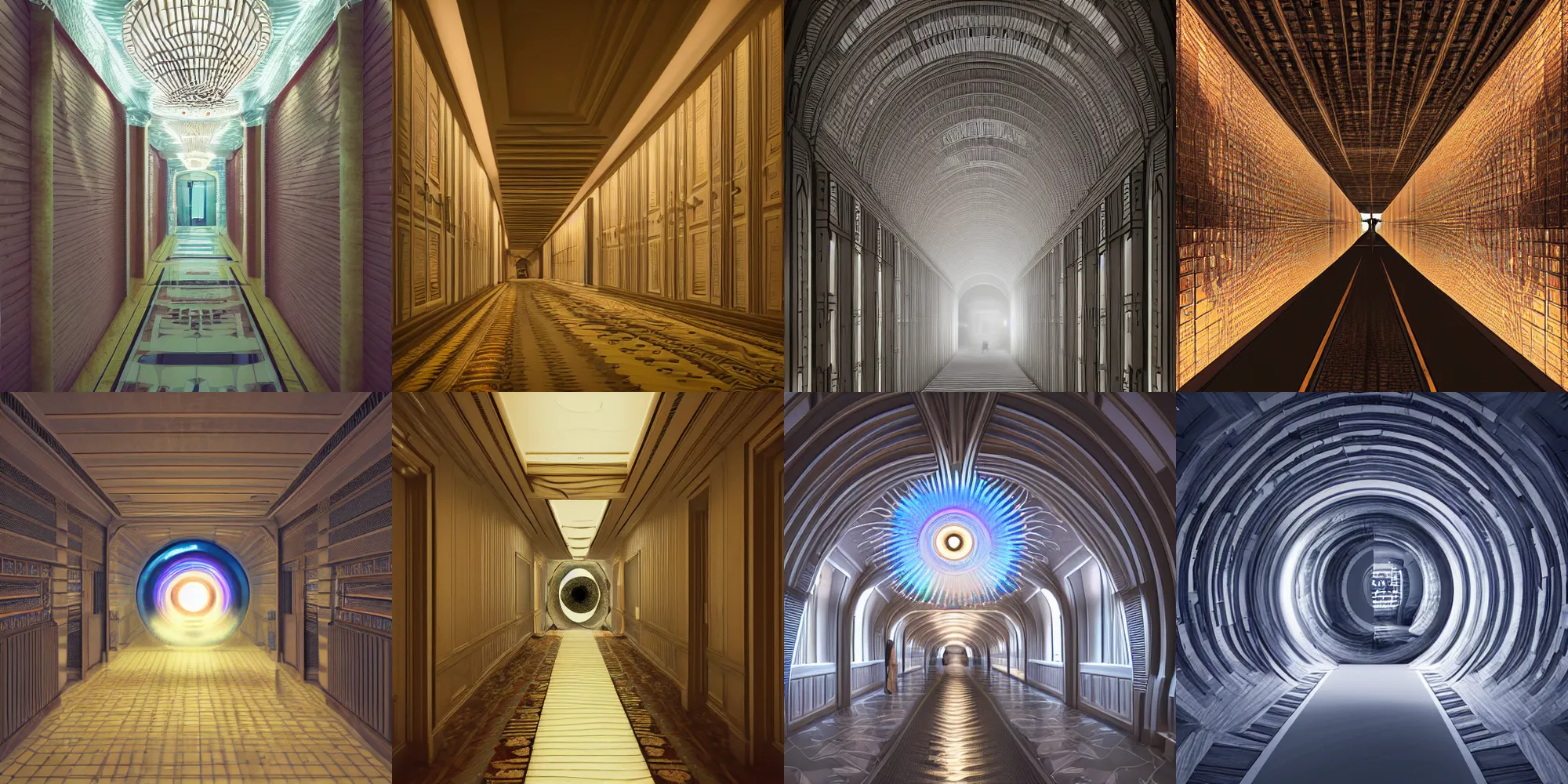 Prompt: long detailed hotel hallway, highly detailed giant human eye, in the style of beeple and Mike Winkelmann, photo real, ultra realistic, intricate, epic lighting, 8k resolution,