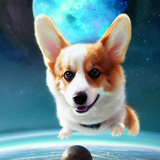 Prompt: cute corgi puppy in outer space, realistic, lifelike, beautiful, extremely detailed digital illustration, greg rutkowski, artgerm, moebius, simon stalenhag, ruan jia, makoto shinkai, award - winning, masterpiece, trending on artstation, 8 k