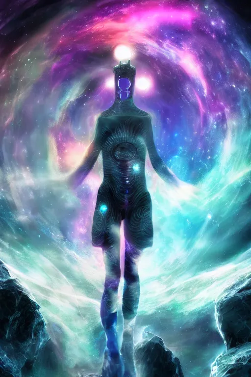 Prompt: galaxy bender experiencing the quantum field, elevated consciousness, beautiful astrological neural network, matte painting and tim burton comic book art, twist of time, realistic, trending on artstation, sharp focus, depth of field, cinematic composition, physics splashes of colors, science fiction, octane render