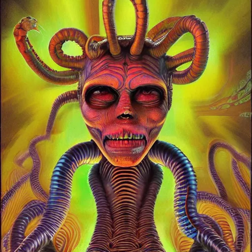 Prompt: ''realistic full body alien with 12 heads each head individual eyes third eyes and glowing hair body made of flowing snakes hyperrealistic detailed intricate sci fi cyberpunk hr giger peter max colors vermeer