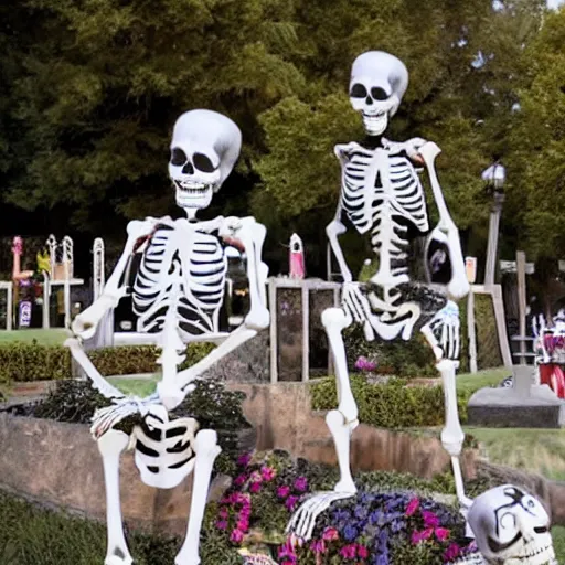 Image similar to skeletons disney style dancing in graveyard party happy