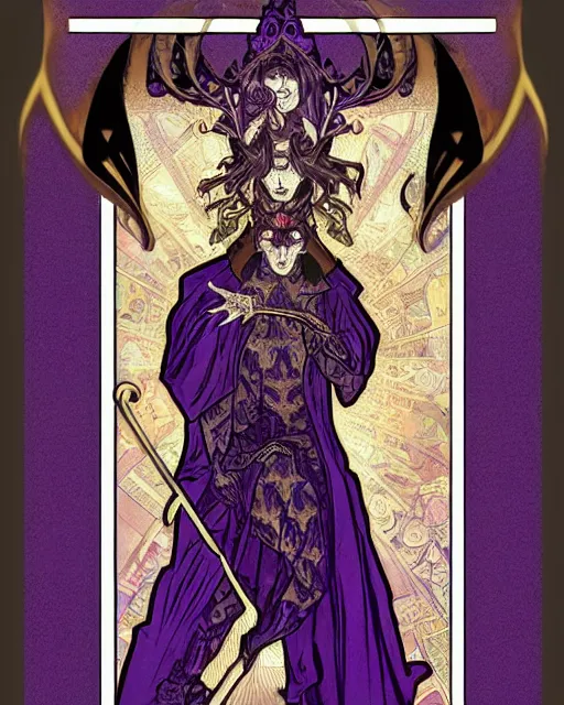 Image similar to tarot card, half - body, the devil, demon male, black and purple robes, beautiful, medieval, super detailed, ornate, by alphonse mucha, stjepan sejic, symmetry, 8 k, sharp focus