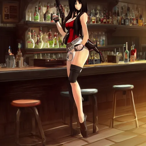 Image similar to high quality concept art of tifa lockhart working in her bar, detailed, trending on artstation