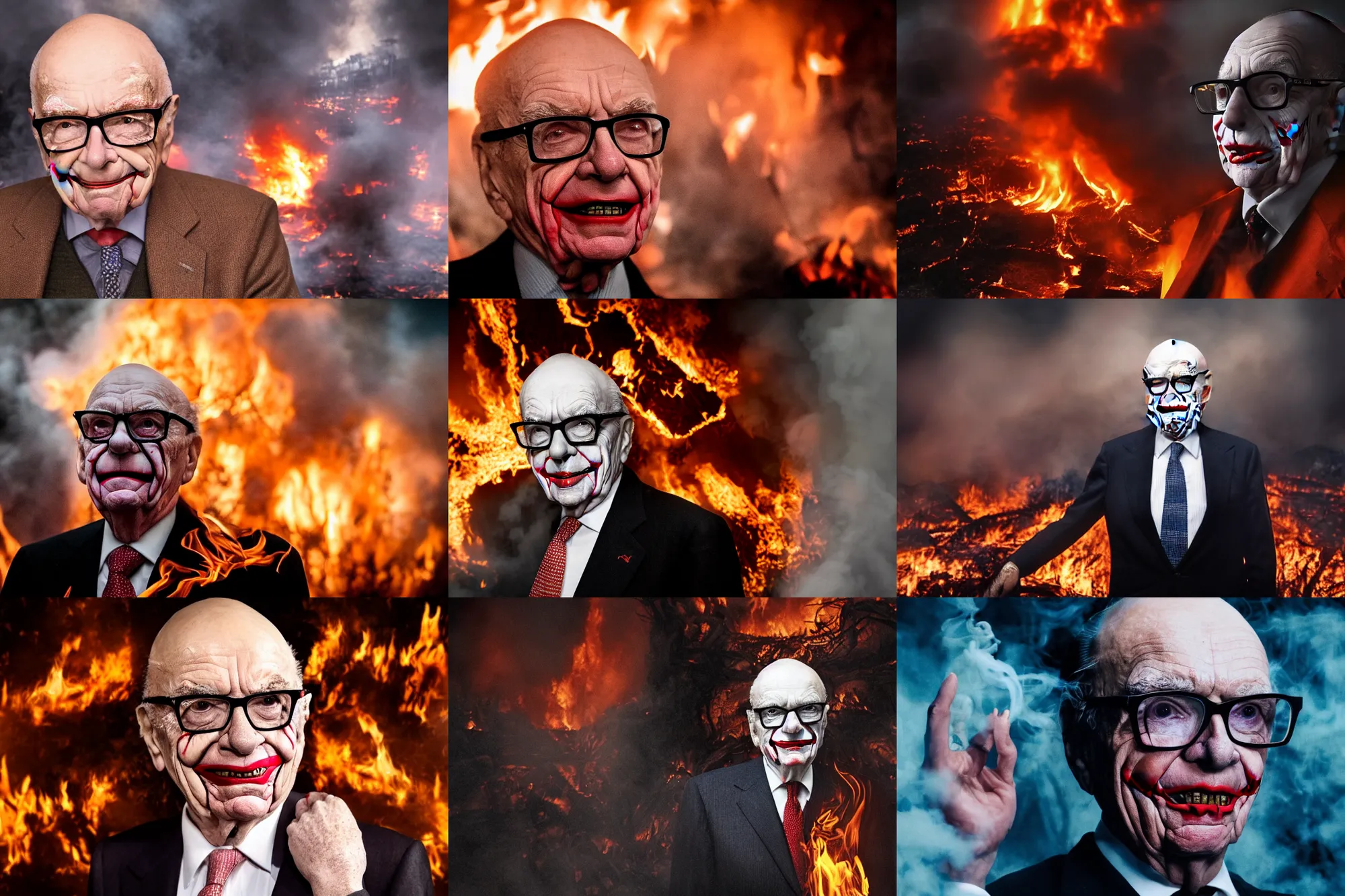 Prompt: Rupert Murdoch wearing glasses and makeup like The Joker, standing in hell surrounded by fire and flames and demons and smoke and brimstone, volumetric fog, portrait photography, depth of field, bokeh