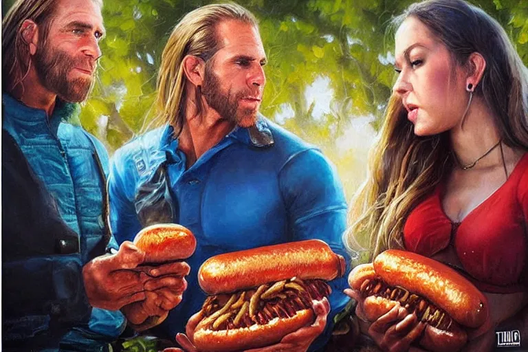 Prompt: portrait of wwf shawn michaels and queen elizabth ii sharing hotdogs, an oil painting by ross tran and thomas kincade