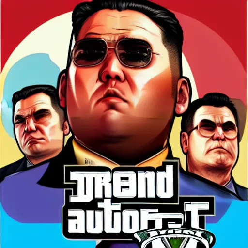 Prompt: illustration gta 5 artwork of kim - jong un, in the style of gta cover art, by stephen bliss