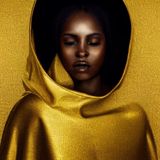 Image similar to a portrait of a young black woman wearing a long dark cloak, hood and shadows covering face, wearing shiny gold, oil painting, matte painting, black background, Volumetric Golden dappled dynamic lighting, Highly Detailed, Cinematic Lighting, Unreal Engine, 8k, HD, by Beksinski