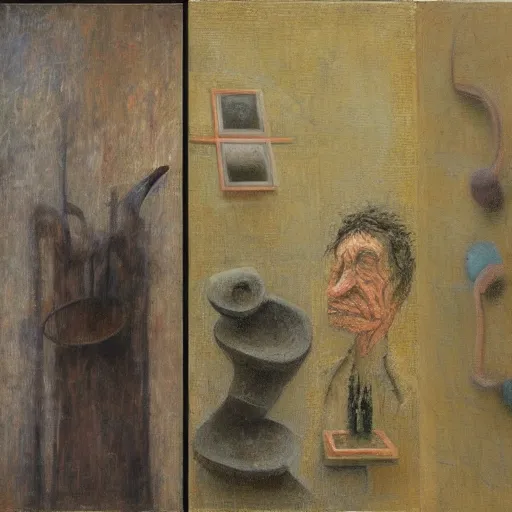 Image similar to a detailed, impasto painting by shaun tan and louise bourgeois of an abstract forgotten sculpture by ivan seal and the caretaker ( 1 9 0 0 )