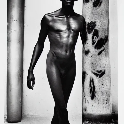 Prompt: the handsome african male model and the black leopard, black and white, by richard avedon,