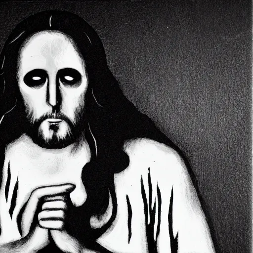 Image similar to studio photo of jesus in a black metal band, studio portrait