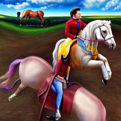 Prompt: an extremely high quality hd surrealism painting of elon musk riding a pony which has emma watson's face