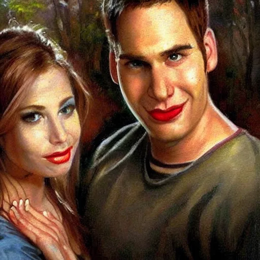 Prompt: realistic portrait beautiful painting from scene on American Pie film when Steve Stifler mutate into greedy zombie. Horror, created by Thomas Kinkade.