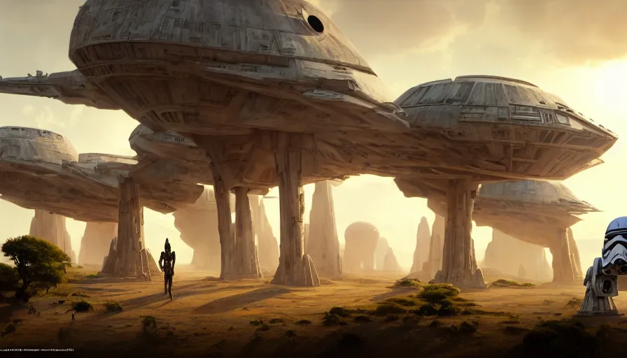 Image similar to star wars vehicle driving through madagascar with baobabs trees, tribe members chasing for an attach, action scene, an epic fantasy, artgerm and greg rutkowski and alphonse mucha, an epic fantasy, volumetric light, detailed, establishing shot, an epic fantasy, cinematic, photorealistic, ultrarealistic, trending on art station, octane render, midsommar