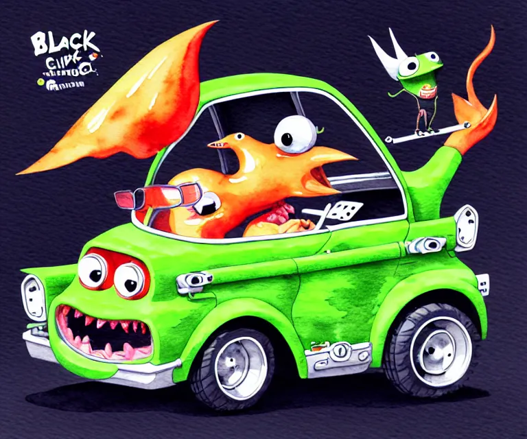 Image similar to cute and funny, black chicken wearing goggles driving a tiny hot rod with an oversized engine, ratfink style by ed roth, centered award winning watercolor pen illustration, isometric illustration by chihiro iwasaki, edited by craola, tiny details by artgerm and watercolor girl, symmetrically isometrically centered