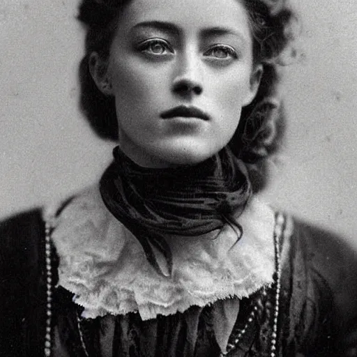 Image similar to victorian photograph of amber heard, 1 8 9 0 s photography, 1 9 0 0, realistic face, symmetrical face, studio photograph, grainy, edwardian, old photo