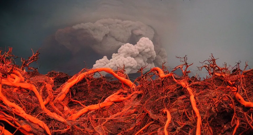 Image similar to a volcano made of ivory vines and crimson rocks enters in eruption, it spits a smoke in the shape of demonic eye, by Wes Anderson,