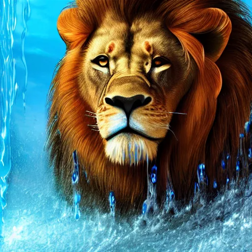 Image similar to a male lion's face breaching through a wall of water, headshot, water sprites, splashing, deep blue ocean, highly detailed, realistic digital art, trending on artstation