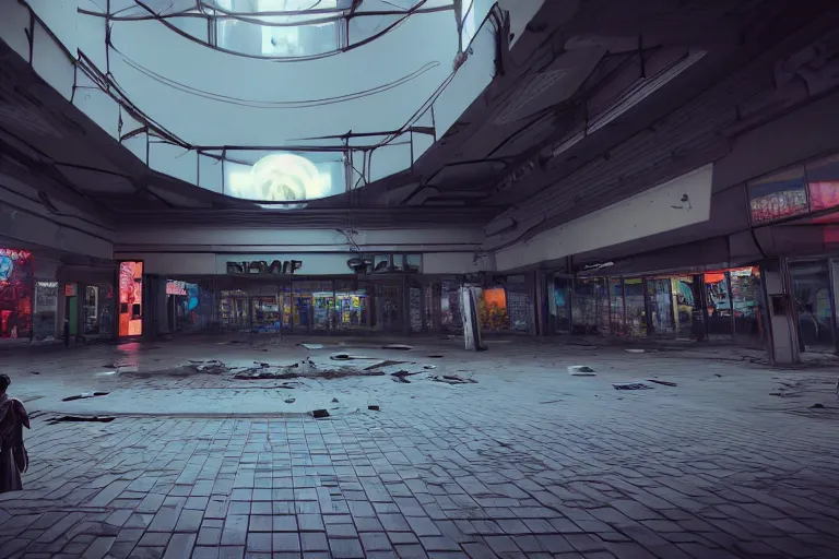 Prompt: low angle photo of a abandoned cyberpunk shopping mall with humans floating, moon gravity, cinematic lightning, ray tracing, unreal engine, photorealistic, detailed, dark, moody, foggy, scary