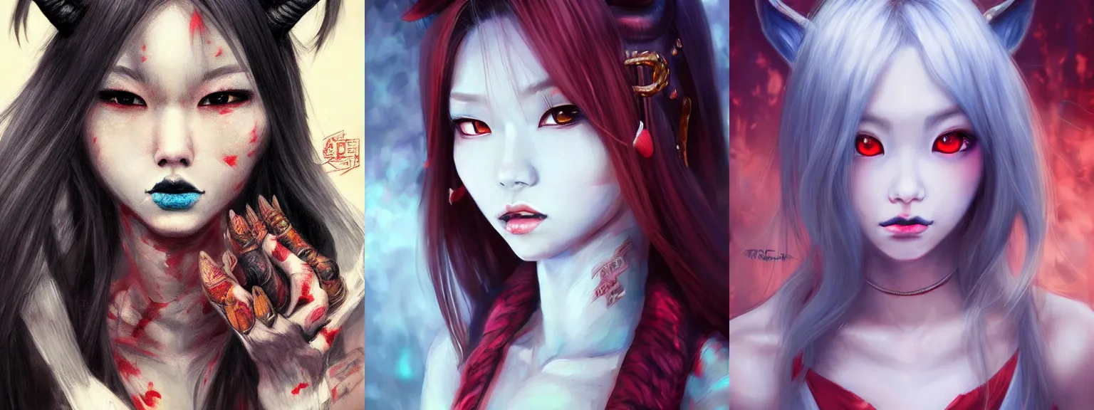 Prompt: oni demon girl hyperrealistic, masterpiece painted portrait, intricate detail, trending on pixiv, by rossdraws