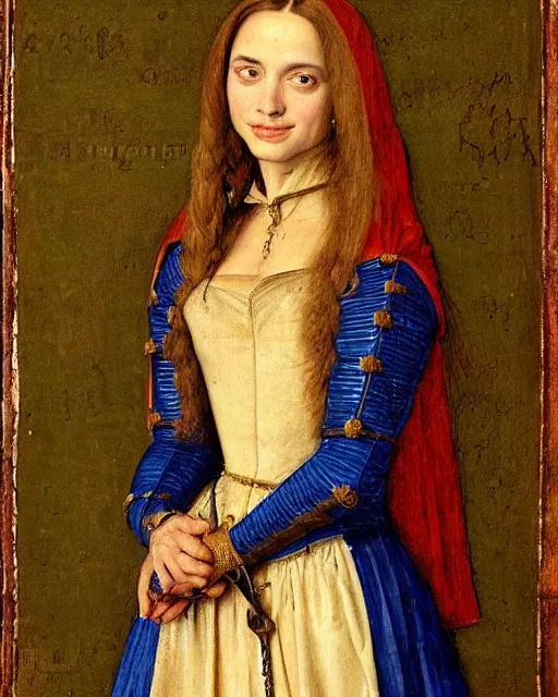 Image similar to medieval portrait of ana de armas dressed as a knight, in the style of eugene de blaas