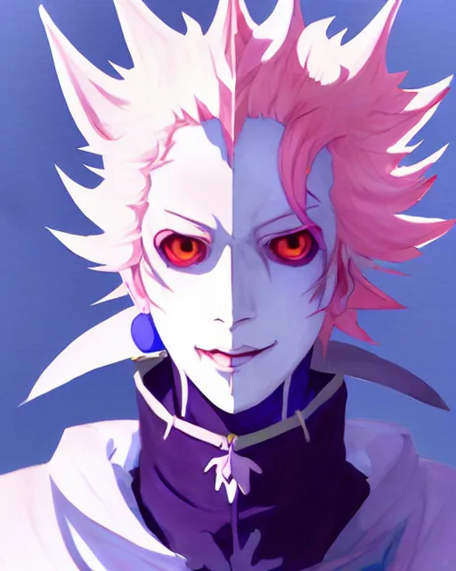 Image similar to extremely attractive soft feminine male as a jester anime character screenshot, nagito komaeda and hisoka jester, anime feminine male fool, intricate, sharp focus, illustration, highly detailed, digital painting, cell shaded, concept art, matte, art by ilya kuvshinov and kyoto animation and wlop, ruan jia, greg rutkowski, studio quality