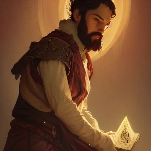 Image similar to a handsome young wizard confused about his decision between dark and light magic, volumetric lighting, D&D, fantasy, intricate, cinematic lighting, highly detailed, digital painting, artstation, concept art, smooth, sharp focus, illustration, art by Artgerm and Greg Rutkowski and Alphonse Mucha