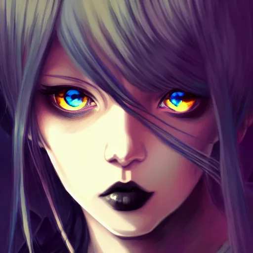 Prompt: two amber colored eyes, long blue - haired girl, bangs, gothic, anime character, noir, screenshot, anime, sharp focus, intricate, illustration, cell shaded, digital painting, highly detailed, concept art, matte, art by ilya kuvshinov, wlop, greg rutkowski, studio quality, james jean, artem demura