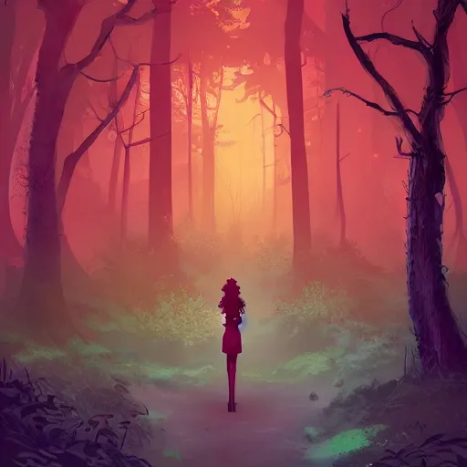 Image similar to a woman [ enchanting a forest with red magic ]!, stands in the middle of a pathway in a timid forest, trending on cgsociety, digital art, illustrated by max hay and anton fadeev, bioluminescent atmosphere, back view, intricate