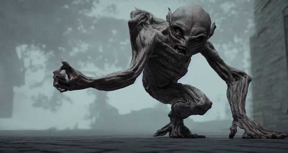 Image similar to a grotesque, disfigured alien creature lunging itself at a helpless man, outside, overcast day, horror movie, unreal engine, octane render
