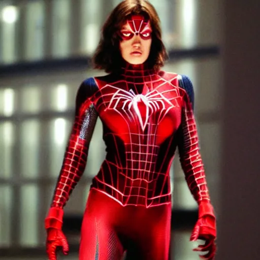 Image similar to Mila Jovovich as spiderwoman , film still, best scene,