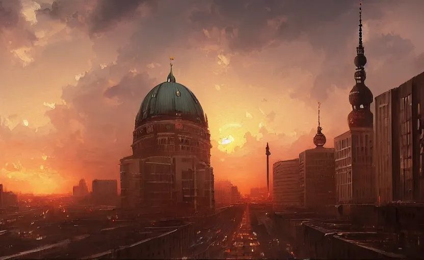 Image similar to painting of skyline of berlin at sunset, natural light, concept art, by greg rutkowski, cozy atmospheric and cinematic lighting