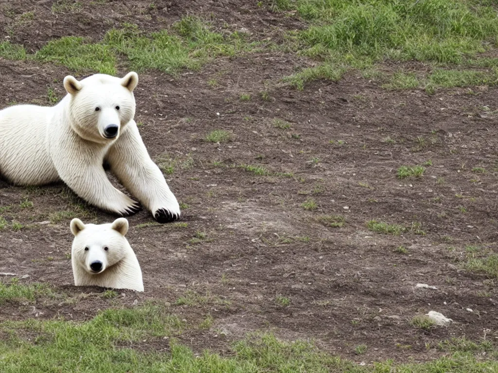 Prompt: a white bear sitting on the side of the fill looking chill