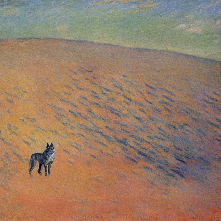 Image similar to Majestic wolf walking through a sand dune on the heath. Painting by Claude Monet (1872)