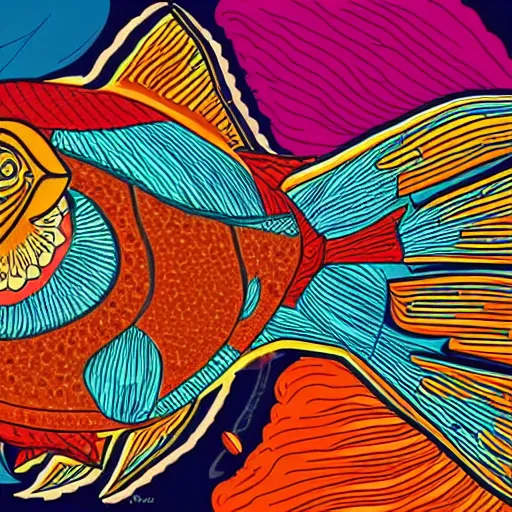 Image similar to fish on mayheim crosses. symmetrical anatomy, very intricate details, digital art, detailed image, pop punk art style, colorful, accompanied by body, pure image without duplication, dribble popular, artstation trending, drawn by ilya kuvshinov and lugas syllabus and vinicius gud and gustavo zambelli, intricate, ultra high definition.