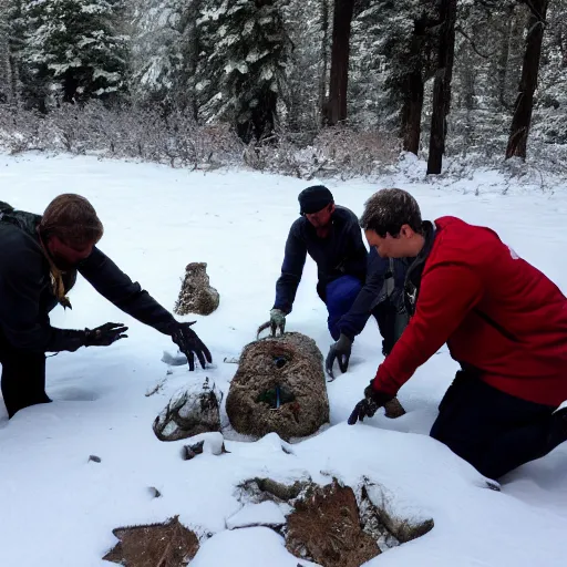 Image similar to a research team finding ancient human remains under snow, some parts of the remains are covered in ice, in the background is frosted green hills with a pine forest.