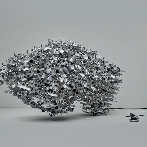 Image similar to an abstract object floating in space made out of porsche parts on a light grey background erwin wurm