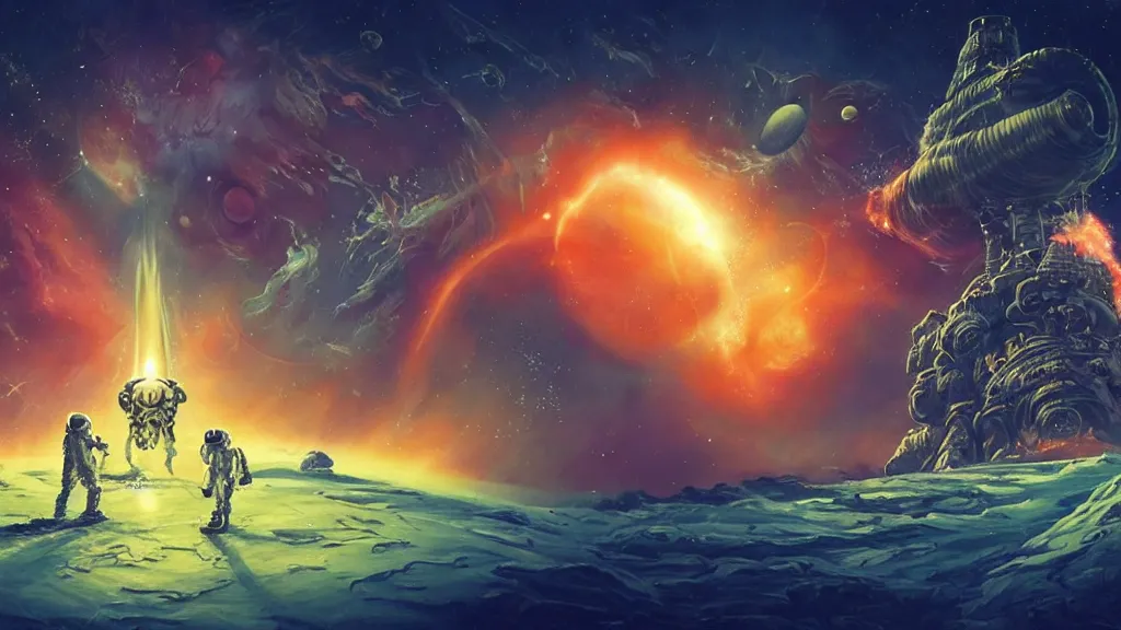 Prompt: Astronauts have a treasure with them, they are shooting big plasma guns against the giant Cthulhu that is hunting them, they have large blades too, they are over the ring of the gas planet, this is an extravagant planet with wacky wildlife and some mythical animals, the background is full of nebulas and planets, the ambient is vivid and colorful with a terrifying atmosphere, by Jordan Grimmer digital art, trending on Artstation,