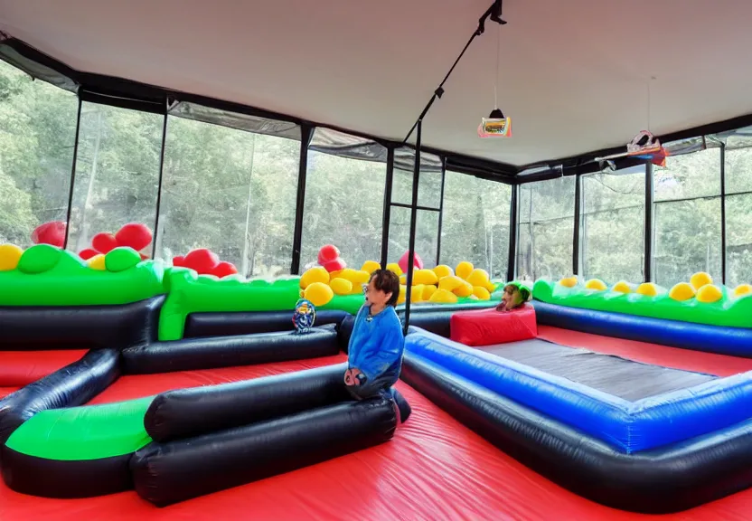 Prompt: A bouncy house with a ball pit and a large black trampoline next to it inside a big empty room with light coming through windows