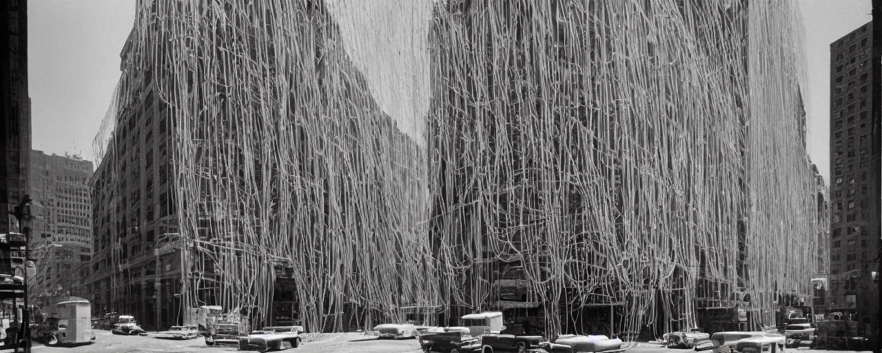 Prompt: a building made of spaghetti in downtown los angeles, circa 1 9 2 5, canon 5 0 mm, cinematic lighting, photography, retro, film, kodachrome