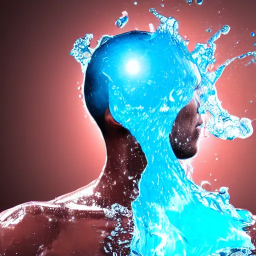 Image similar to spilling water creating a human head out of water, on the ocean water, ray tracing, realistic water sharp focus, long shot, 8 k resolution, cinematic, amazing water art