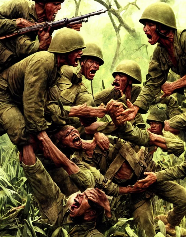 Image similar to Vietnam war scene with a few american soldiers into the jungle, extreme close up of an american soldier screaming with a hand besides his mouth, boixcar style, book cover art, movie still, cinematic lighting, art by Frank Frazetta and Alex Ross, award-winning masterpiece with incredible and beautiful details digital art, trending on artstation, smooth, sharp focus HD, 4K