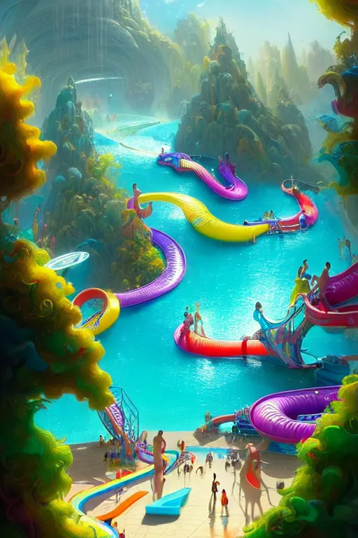 Image similar to a huge complex brightly colored water park scene, tall winding slides, wave pool, fantasy art, 8 k resolution matte fantasy painting, cinematic lighting, deviantart, artstation, jason felix steve argyle tyler jacobson peter mohrbacher