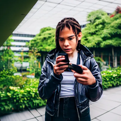 Prompt: candid photographic portrait of a poor techwear mixed young woman using a flip phone inside a dystopian city, closeup, beautiful garden terraces in the background, sigma 85mm f/1.4, 4k, depth of field, high resolution, 4k, 8k, hd, full color