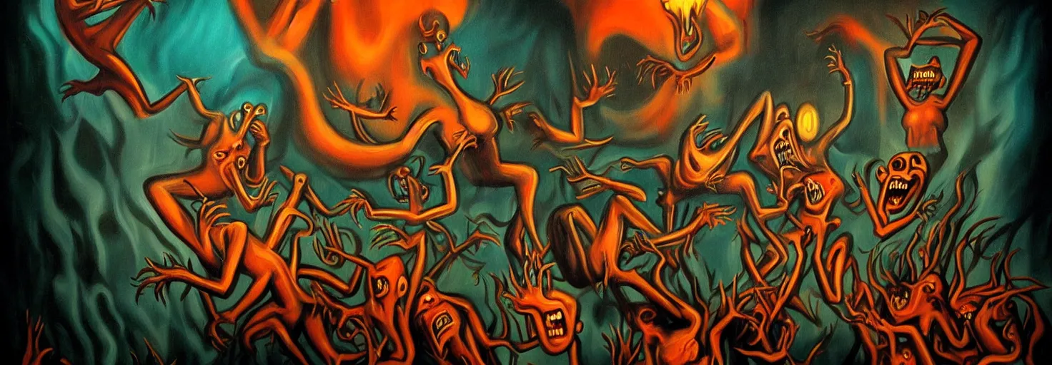 Image similar to visceral freaky obsessive monsters from the darkest depths of collective unconscious, dramatic glowing lighting, 1 9 3 0 s fleischer cartoon characters, wild emotional expressions - surreal painting by ronny khalil