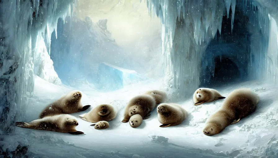 Image similar to highly detailed painting of cute furry white baby seals eating fish inside a snowy fantasy ice crystal cavern by william turner, by greg rutkowski, by william constable, thick brush strokes and visible paint layers, 4 k resolution