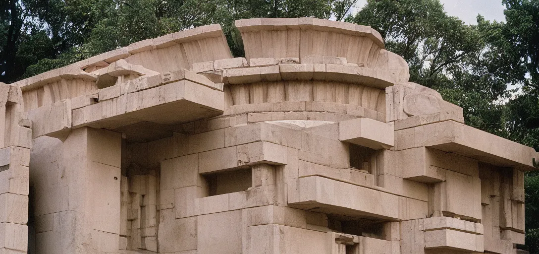 Image similar to ancient greek building designed by frank lloyd wright. fujinon premista 1 9 - 4 5 mm t 2. 9. portra 8 0 0.