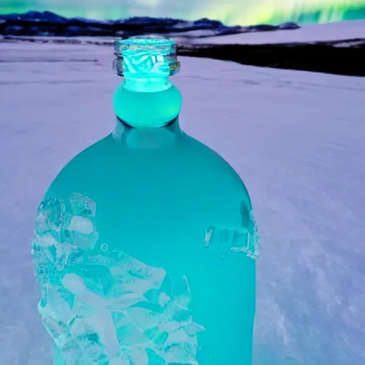 Image similar to vodka bottle buried in icy blue crystals in the arctic under aurora borealis