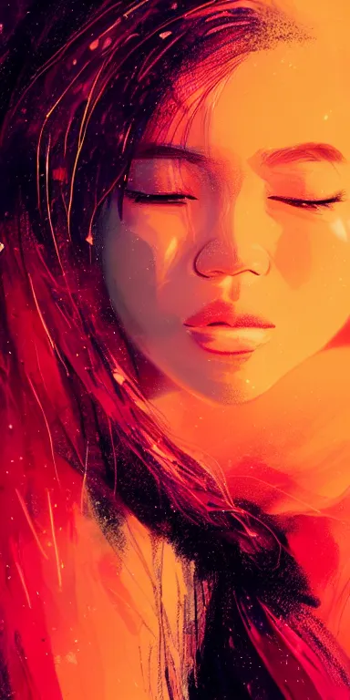 Prompt: dark background, light paint, candid!! long portrait of a very very beautiful! young filipino woman with narrow face, large eyes and flowing long hair, swirling dreamy smoke and fog is coming from her mouth, face partially obscured, by conrad roset, abstract background, dramatic lighting, trending on artstation